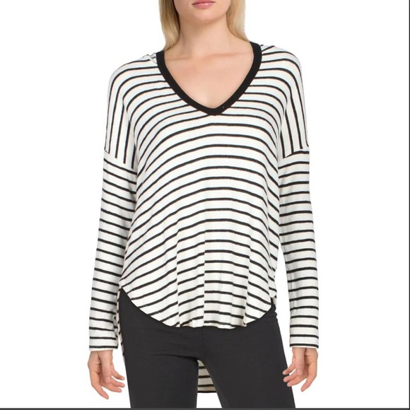 Anthropologie Tops - Anthropologie Maronie Black and White Striped Hooded High Low Top